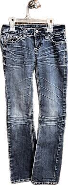 Soundgirl distressed jeans Junior sz 3. Low rise, bootcut Dark wash, bling Bratz